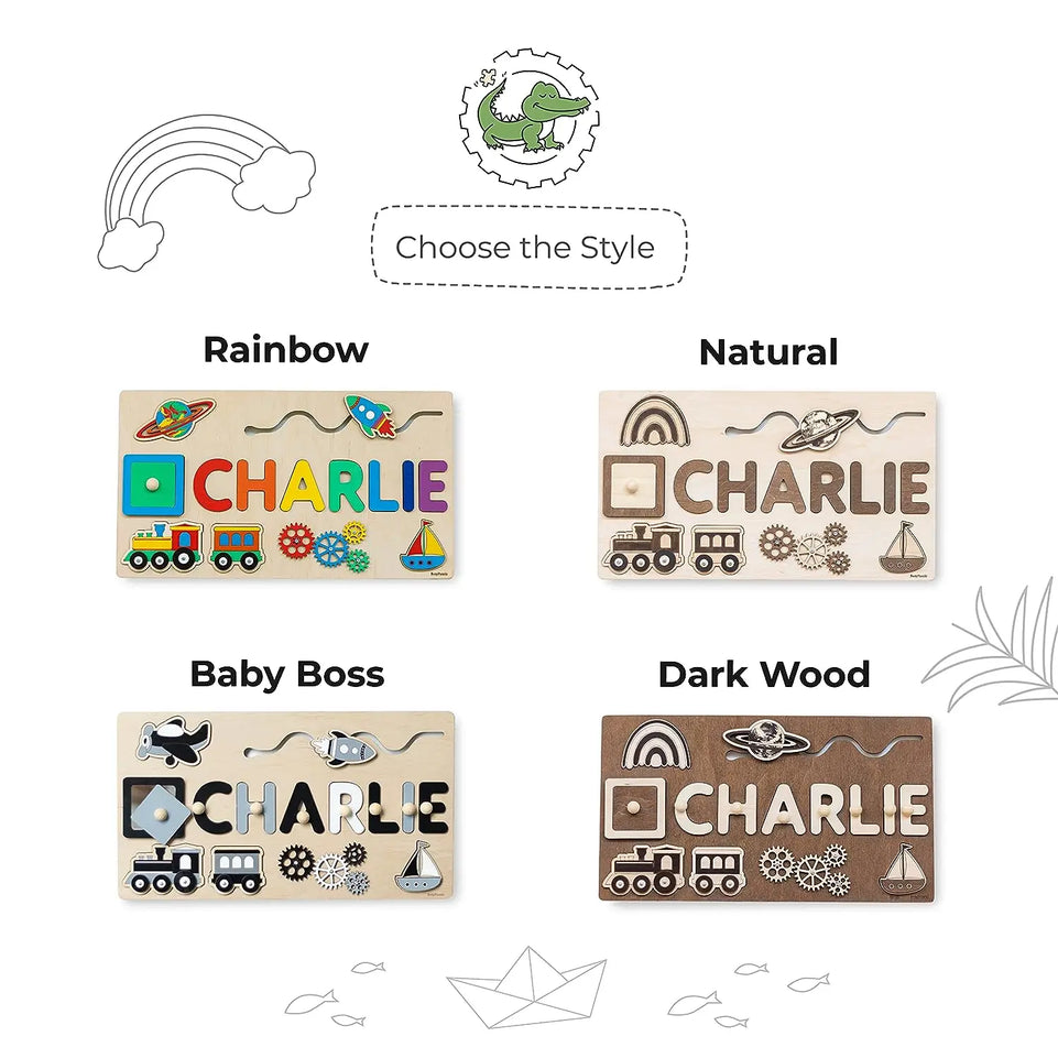 Name Puzzle Wood Personalize for Kids Hand Grab Board Supports Personalized Elements Selection Preschool 1st Birthday Gift