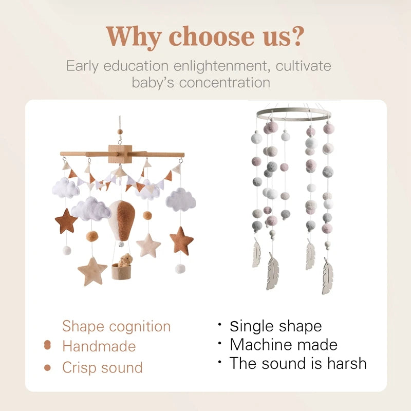 Baby Crib Mobile Wooden Bed Bell Rattle Toy Soft Felt Hot Air Balloon Wind Chime Pendant Newborn Comfort Bed Bell Toys Baby Gift