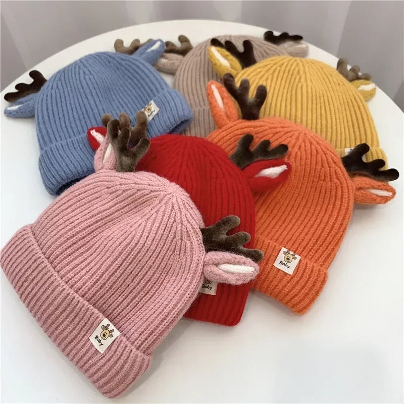 Autumn Winter Knitted Baby Beanie Cute Deer Ear Thick Warm Hat Solid Color Baby Girl Boy Ear Protection Cap Christmas Gift