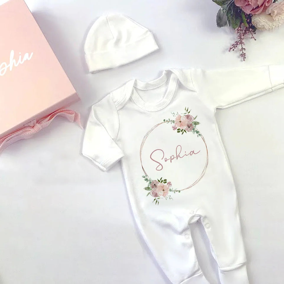 Personalised Dusky Pink Gold Ring Baby Outfit Babygrow Sleepsuit Newbron Coming Home Gift Custom Baby Sleepsuit Baby Cute Romper