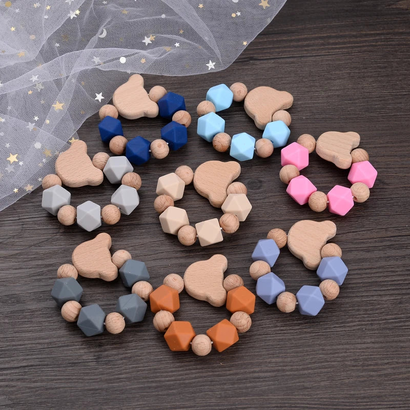 Baby Silicone Nursing Bracelets Rattle Toys Wooden Animal Beads Teething Hands Ring For Baby Teether Safe Toy Gripping Gift