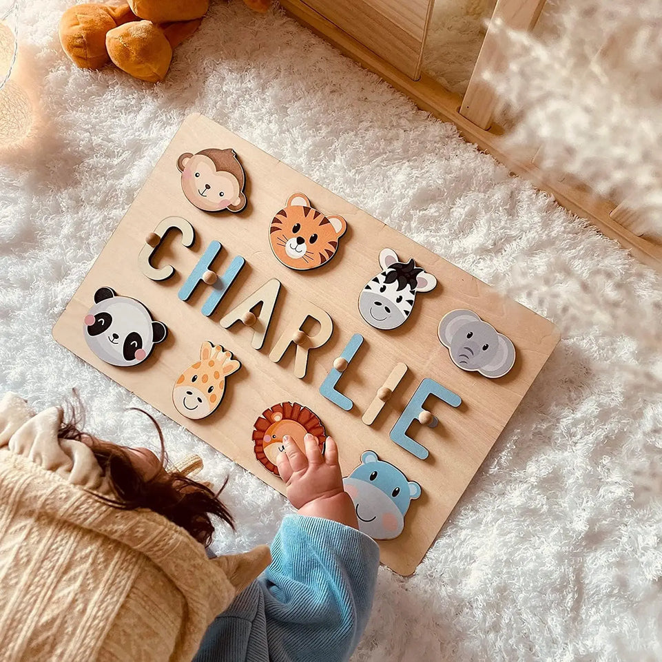 Name Puzzle Wood Personalize for Kids Hand Grab Board Supports Personalized Elements Selection Preschool 1st Birthday Gift