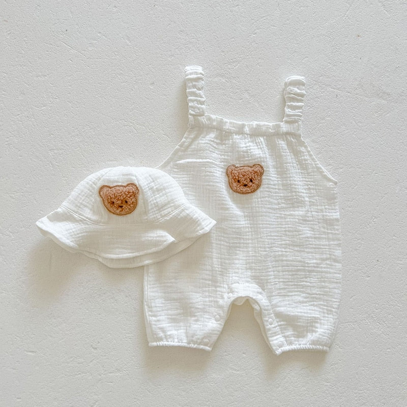 Cartoon Bear Muslin Romper Hat Suit Summer Autumn Baby Clothes Infant Girls Coat Soft Cotton Breathable Jumpsuit for Boys 0-3T